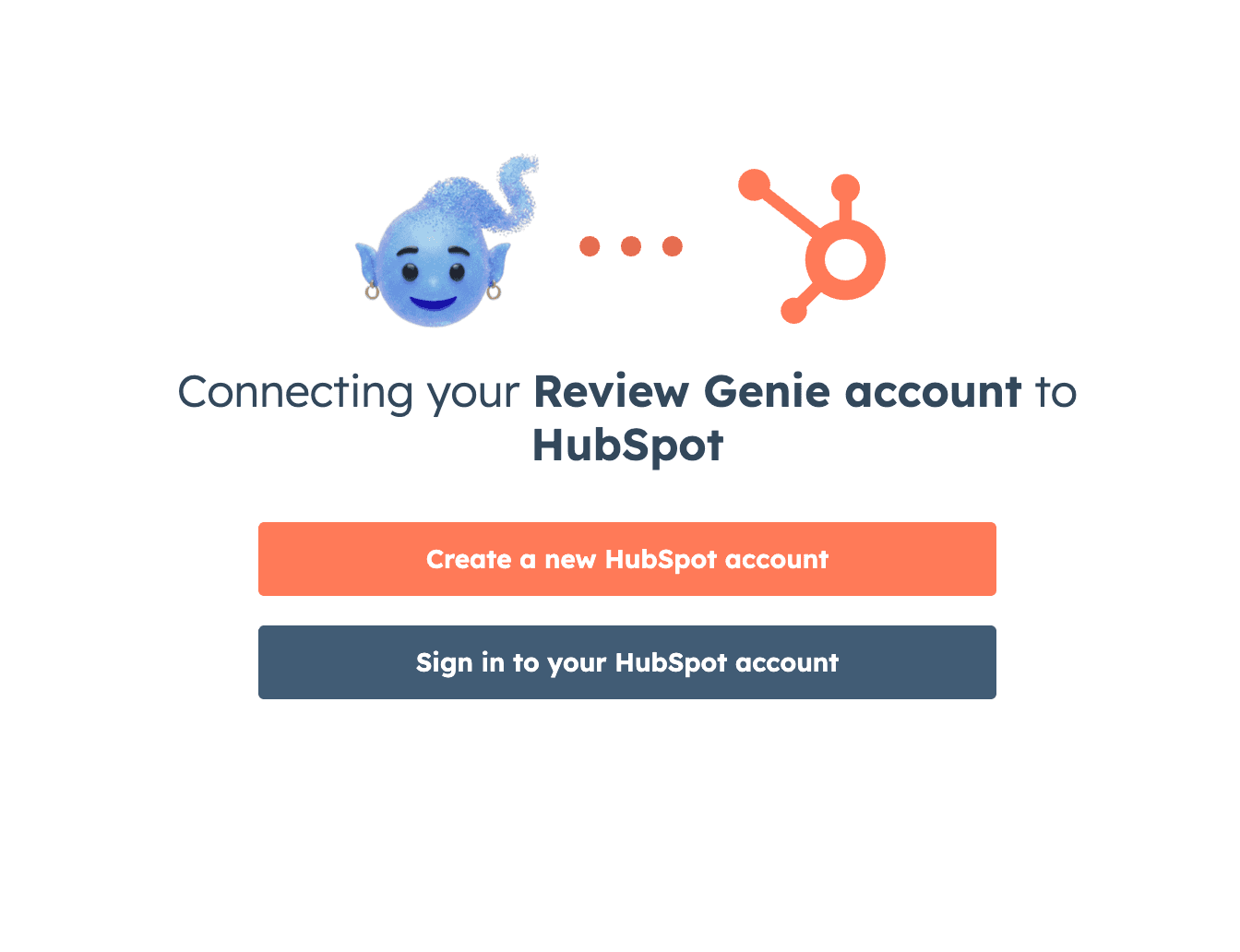 Review Genie account connecting to HubSpot with sign in options